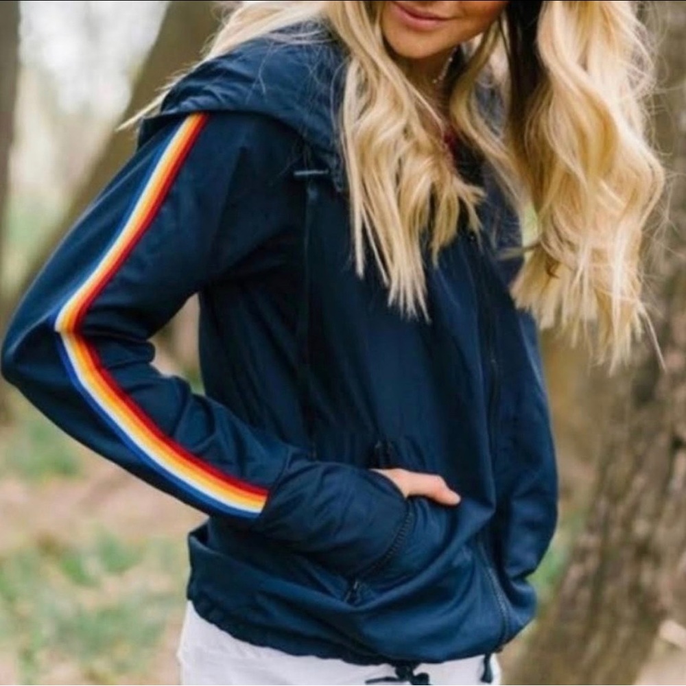 Zyia Active Rainbow Stripe Navy Windbreaker Jacket